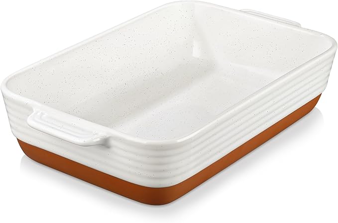 Baking Dish 4.8 Qt Ceramic Casserole & Lasagna Pan, 9x13 Inch Deep Rectangular Oven Safe Dish with Handles for Baking, Roasting, Serving (Khaki & White)