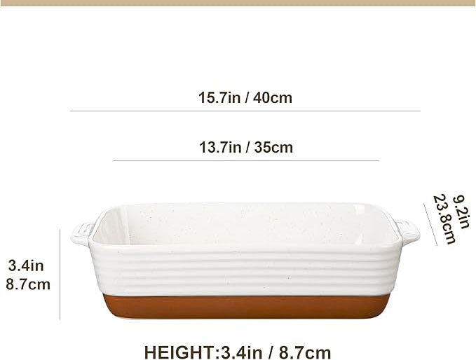 Baking Dish 4.8 Qt Ceramic Casserole & Lasagna Pan, 9x13 Inch Deep Rectangular Oven Safe Dish with Handles for Baking, Roasting, Serving (Khaki & White)