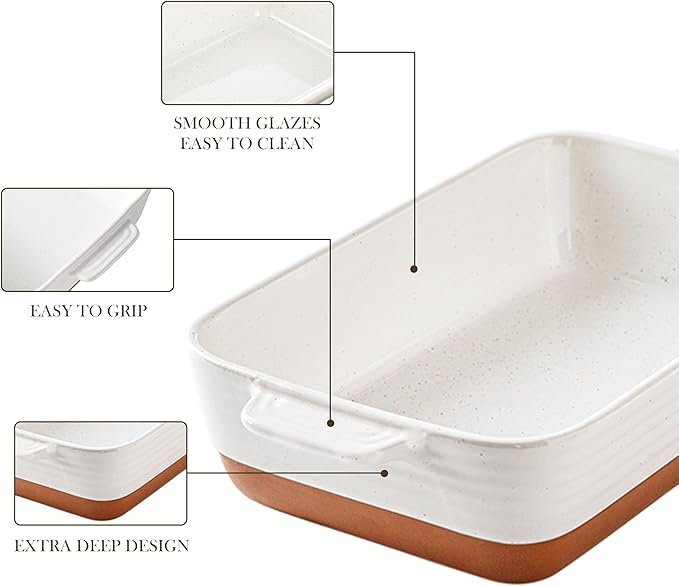 Baking Dish 4.8 Qt Ceramic Casserole & Lasagna Pan, 9x13 Inch Deep Rectangular Oven Safe Dish with Handles for Baking, Roasting, Serving (Khaki & White)