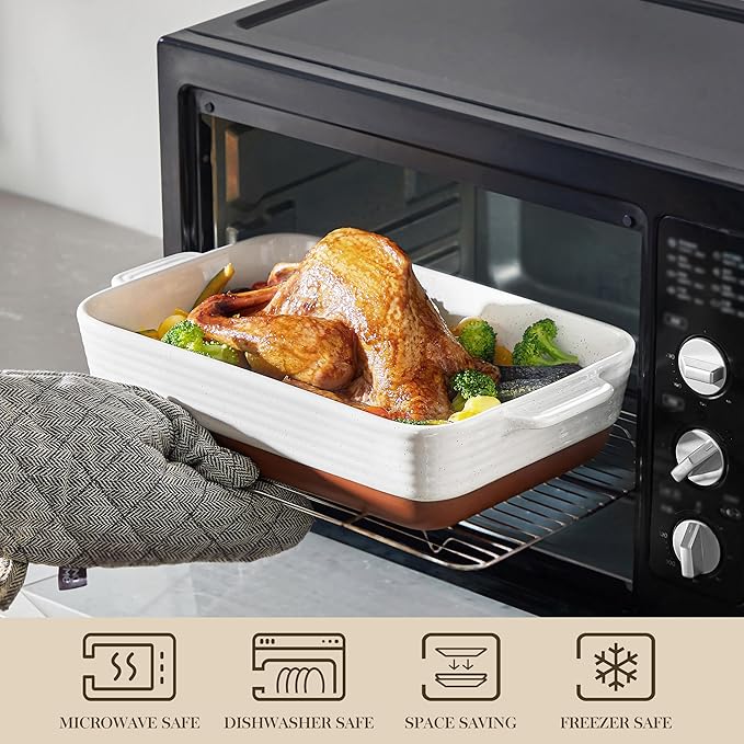 Baking Dish 4.8 Qt Ceramic Casserole & Lasagna Pan, 9x13 Inch Deep Rectangular Oven Safe Dish with Handles for Baking, Roasting, Serving (Khaki & White)