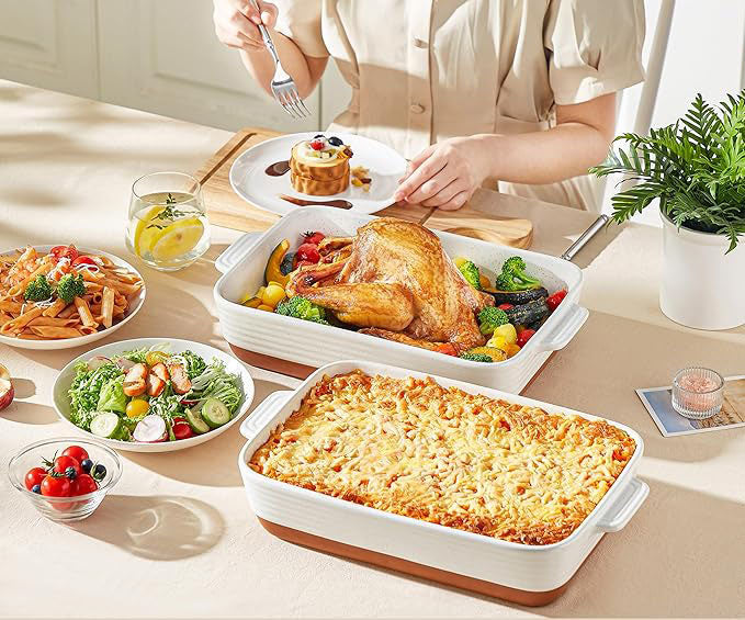Baking Dish 4.8 Qt Ceramic Casserole & Lasagna Pan, 9x13 Inch Deep Rectangular Oven Safe Dish with Handles for Baking, Roasting, Serving (Khaki & White)